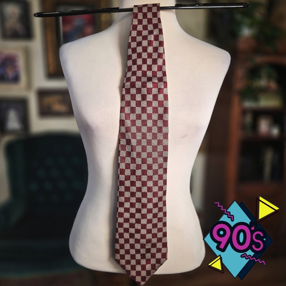 Structure Silk Tie Vintage 90s Mens Burgundy Tan Checkered Geometric Made in USA